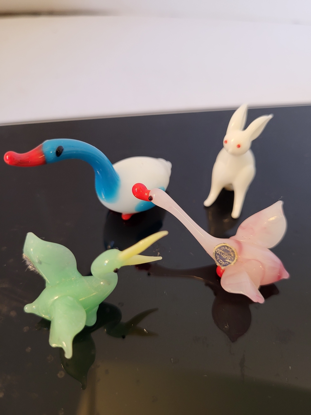 4 Vintage MIOJ Glass Animals 3w/ Labels 1945-1952 Pelican,Swan,Rabbit,Goose
